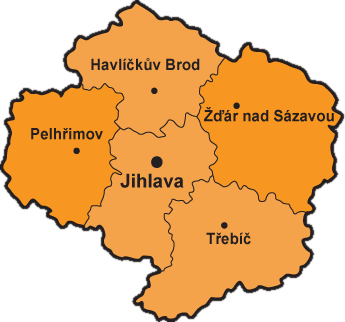 Mapa kraje Vysočina s vyznačenými městy